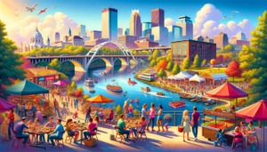 Cartoon depiction of downtown Minneapolis on a sunny day